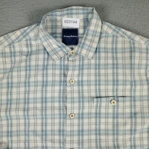 Tommy Bahama Shirt Mens Large Blue Plaid Silk Cotton Button Up Short Sleeve